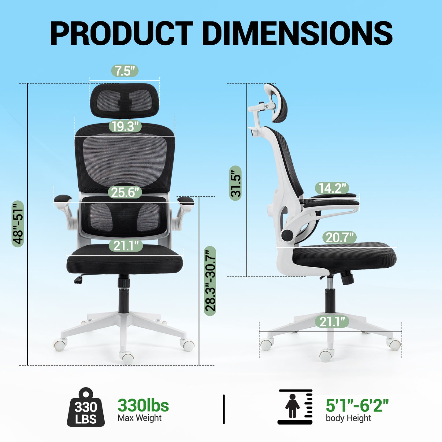 Delmango Office Chair, Ergonomic Desk Chair with Flip-up Arms, Coat Hook, Adjustable Headrest and Lumber Support, Mesh Computer Chair, 330 LBS, White