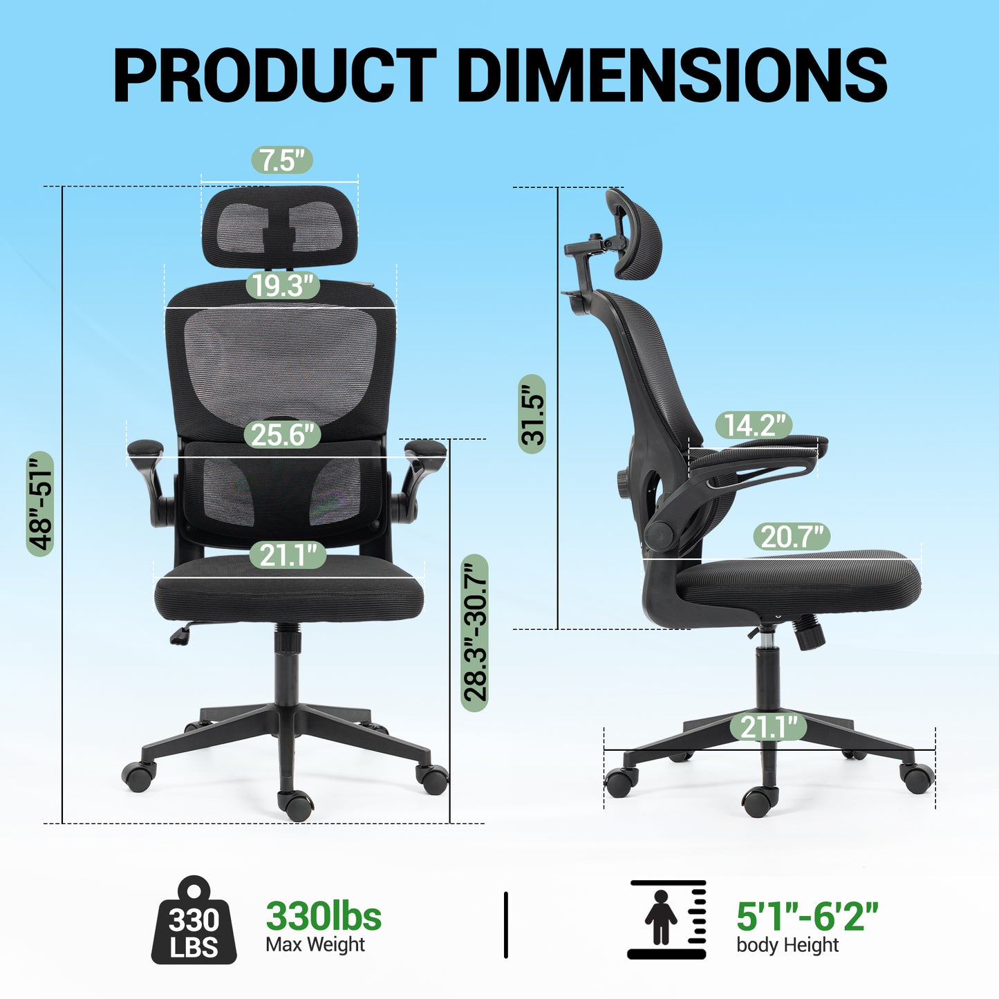 Delmango Office Chair, Ergonomic Desk Chair with Flip-up Arms, Coat Hook, Adjustable Headrest and Lumber Support, Mesh Computer Chair, 330 LBS, Black