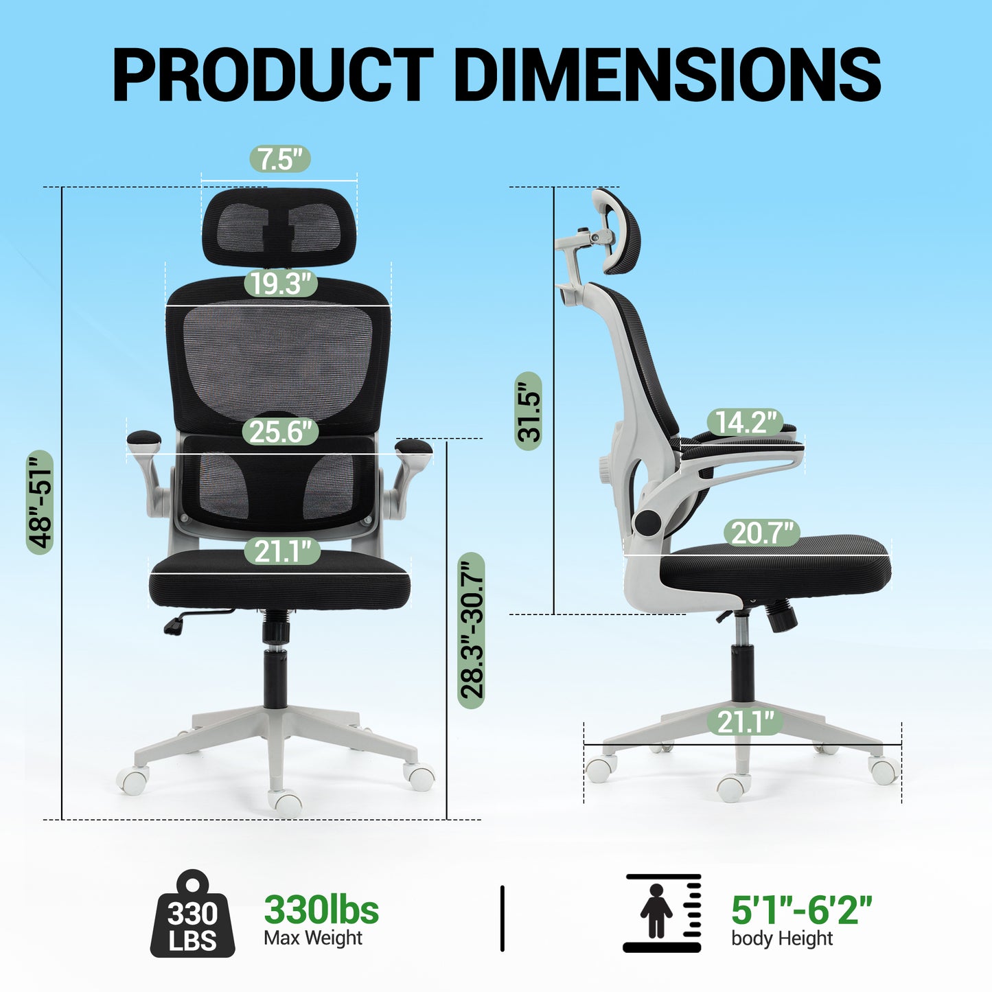 Delmango Office Chair, Ergonomic Desk Chair with Flip-up Arms, Coat Hook, Adjustable Headrest and Lumber Support, Mesh Computer Chair, 330 LBS, Gray