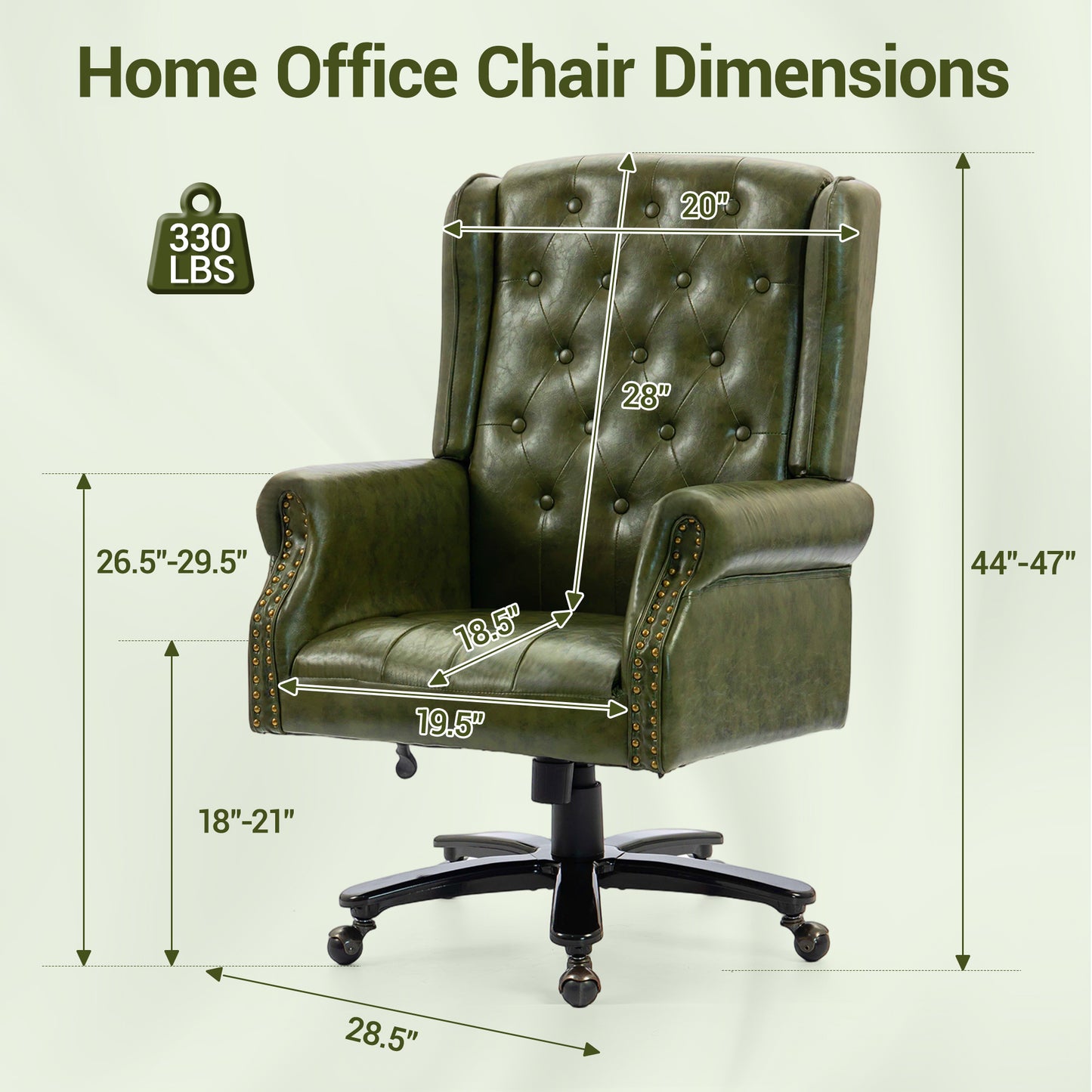 Delmango Vintage PU Leather Office Chair, Wingback Executive Desk Chair with Tufted Back & Nailhead Trim, Wide Seat Rolled Armrests Swivel Task Chair, Heavy Duty 330LBS for Home Office, Green