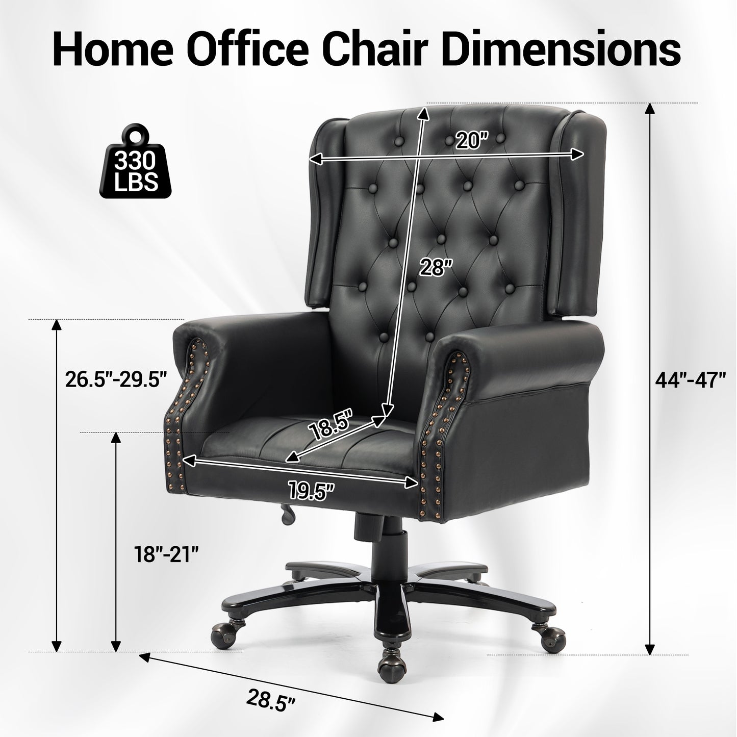 Delmango Vintage PU Leather Office Chair, Wingback Executive Desk Chair with Tufted Back & Nailhead Trim, Wide Seat Rolled Armrests Swivel Task Chair, Heavy Duty 330LBS for Home Office, Black