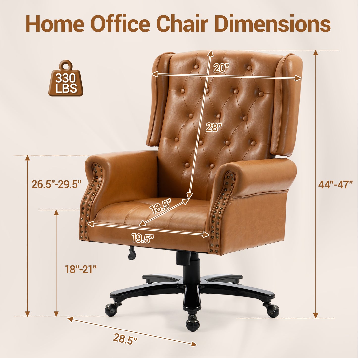 Delmango Vintage PU Leather Office Chair, Wingback Executive Desk Chair with Tufted Back & Nailhead Trim, Wide Seat Rolled Armrests Swivel Task Chair, Heavy Duty 330LBS for Home Office, Brown
