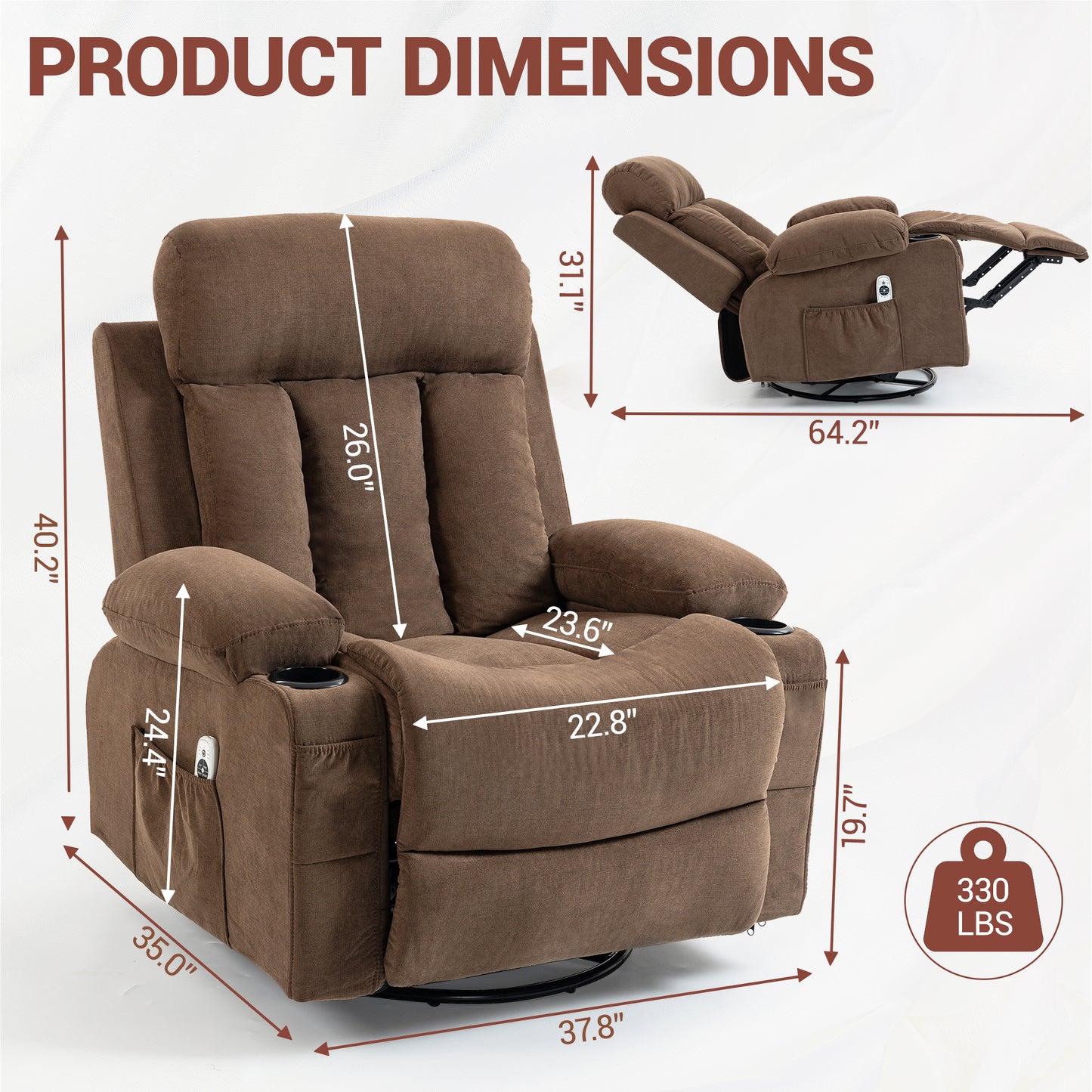 DELMANGO Swivel Rocker Recliner Chair with Vibration Massage & Heat, 360 Degree Rotating Lounge Chair for Adults, Ergonomic Rocking Chair with Side Pocket & Cup Holders, Brown