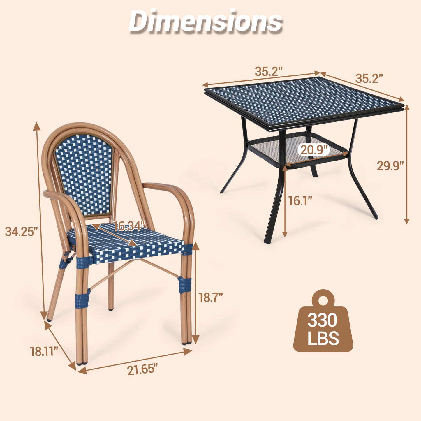 DELMANGO 5 Piece Bistro Table Chair Set, Outdoor Wicker Square Table and 4 Dining Chairs for Garden Balcony Porch, Blue/White