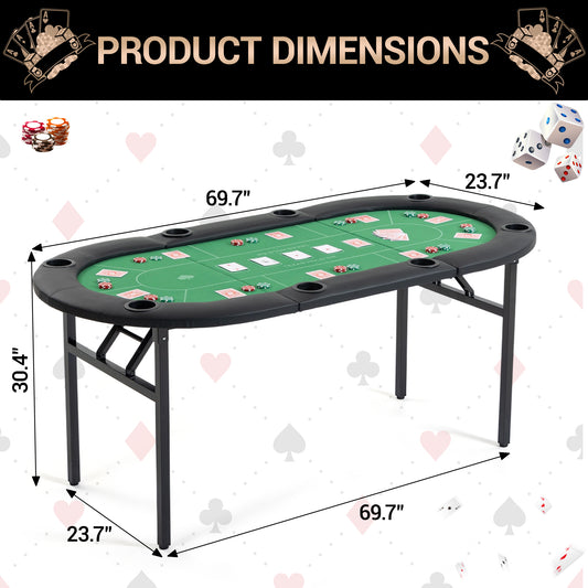 DELMANGO Foldable Poker Table for 8 Players Oval Game Table with Cup Holders & Chip Trays, Portable Casino Table for Texas Holdem, Blackjack, Home Game Nights Green