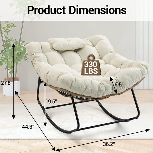 DELMANGO Rocking Egg Chair Outdoor Patio lounger with Thick Cushion Oversized Wicker Rocker Indoor Papasan lawn Chair for Living room Bedroom Porch Balcony Beige