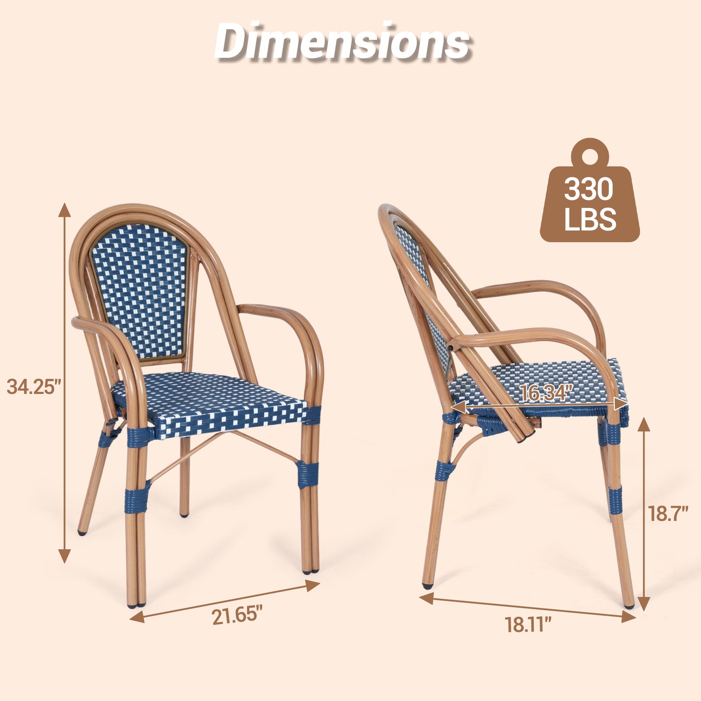 DELMANGO Metal & Faux Rattan Bistro Chair,Outdoor Arm Dining Chairs, Stackable Patio Chairs, Blue/Black (Set of 2)