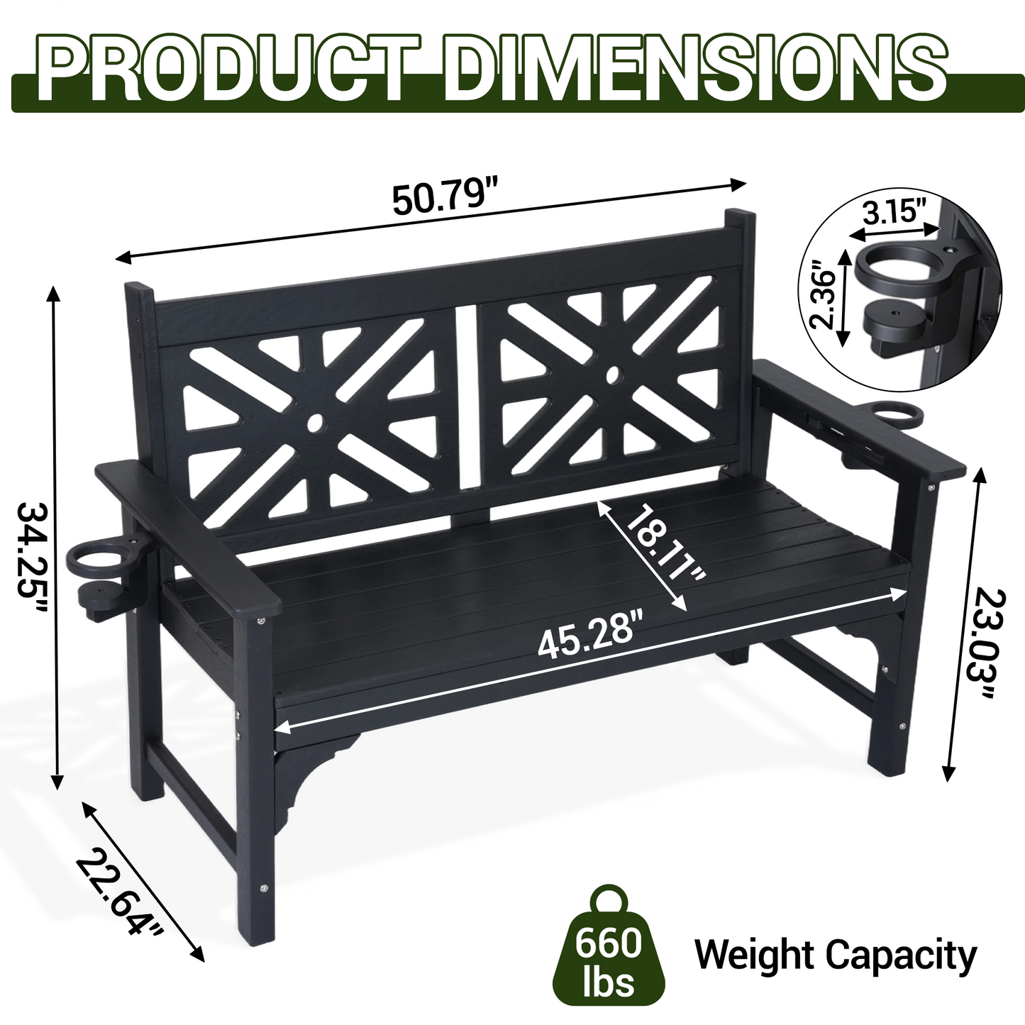 DELMANGO Outdoor Bench with Cup Holders, HDPE Weatherproof Garden Bench 2-Person, Fade/Rot Resistance Patio Benches for Porch and Park, Black