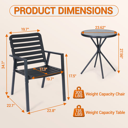 DELMANGO 3 Pieces Bistro Table and Chairs, Waterproof Patio Furniture Set, All-Weather Outdoor Table and Chairs, Balcony Furniture for Porch, Yard, Garden, Black