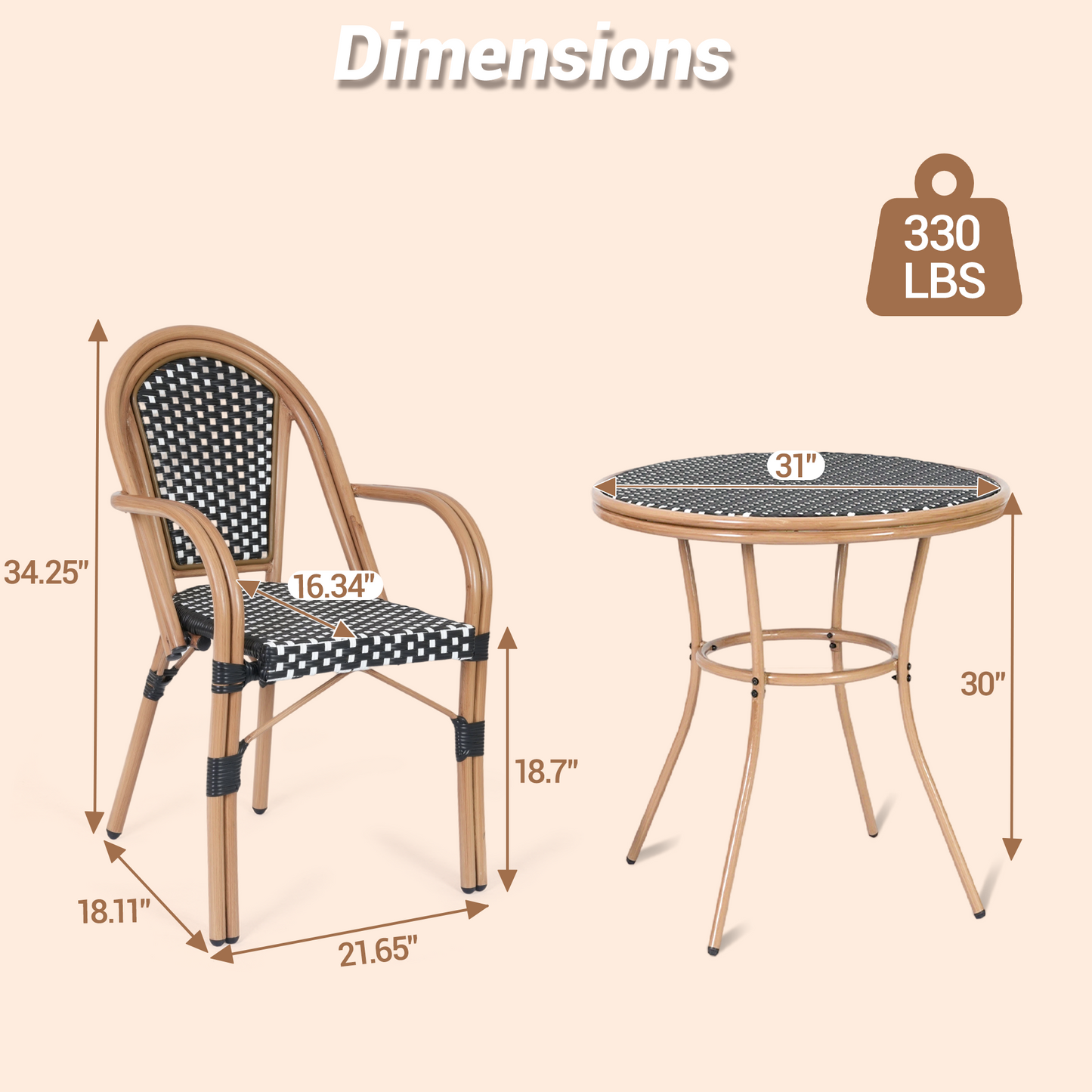 DELMANGO 3 Piece Bistro Table Chair Set, Outdoor Wicker Round Table and 2 Dining Chairs for Garden Balcony Porch, Black/White (Copy)