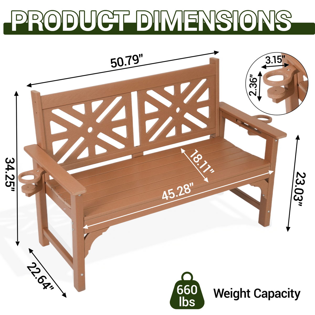 DELMANGO Outdoor Bench with Cup Holders, HDPE Weatherproof Garden Bench 2-Person, Fade/Rot Resistance Patio Benches for Porch and Park, Brown
