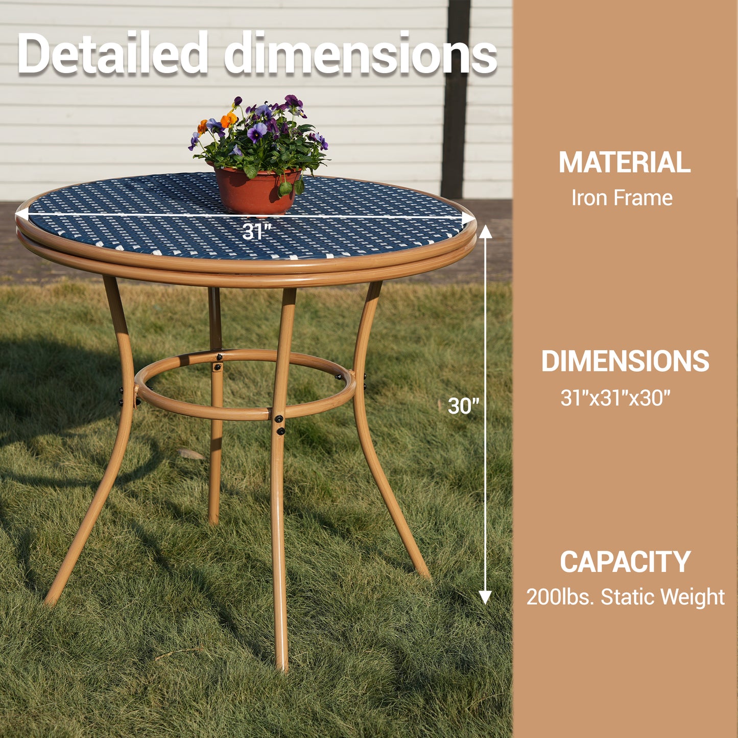 DELMANGO Round Outdoor Bistro Table with Matal Frame and Adjustable Foot Pads for Garden Balcony, Blue/White (Copy)