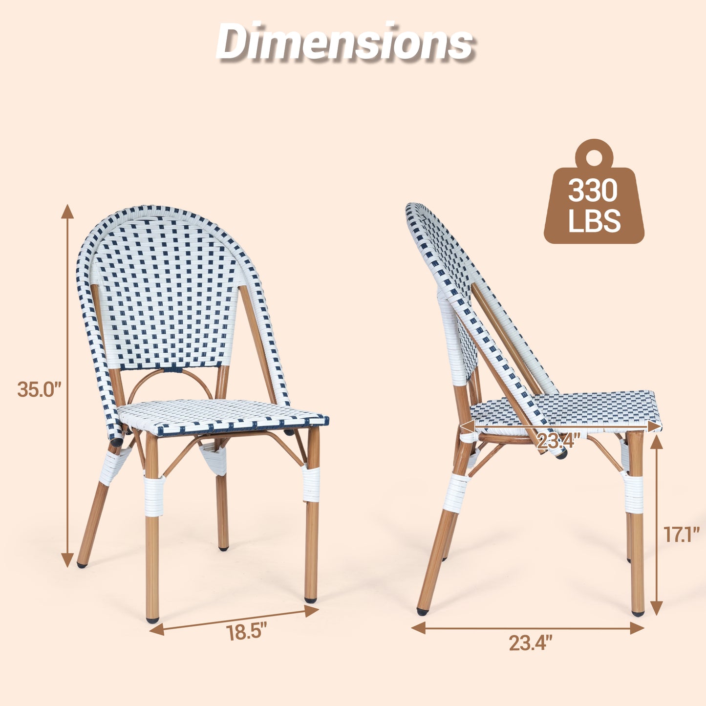 DELMANGO 4-Piece Wicker Outdoor French Bistro Chairs, Armless Dining Chairs with Metal Frame, Stackable Patio Chairs, White/Blue