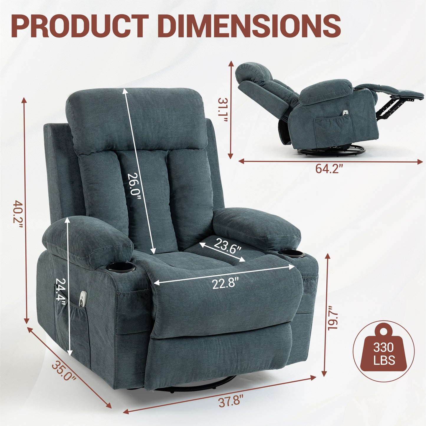 DELMANGO Swivel Rocker Recliner Chair with Vibration Massage & Heat, 360 Degree Rotating Lounge Chair for Adults, Ergonomic Rocking Chair with Side Pocket & Cup Holders, Blue