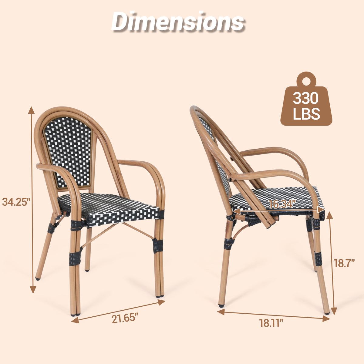 DELMANGO Metal & Faux Rattan Bistro Chair,Outdoor Arm Dining Chairs, Stackable Patio Chairs, White/Black (Set of 2)