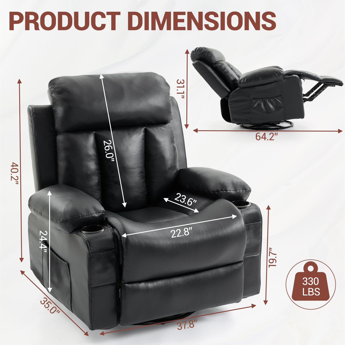 Delmango Power Recliner Chair for Living Room PU Leather Swivel Rocker Recliner Chair with Overstuffed Armrest and Backrest Black