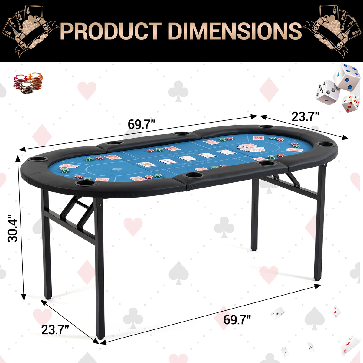 DELMANGO Foldable Poker Table for 8 Players Oval Game Table with Cup Holders & Chip Trays, Portable Casino Table for Texas Holdem, Blackjack, Home Game Nights Blue