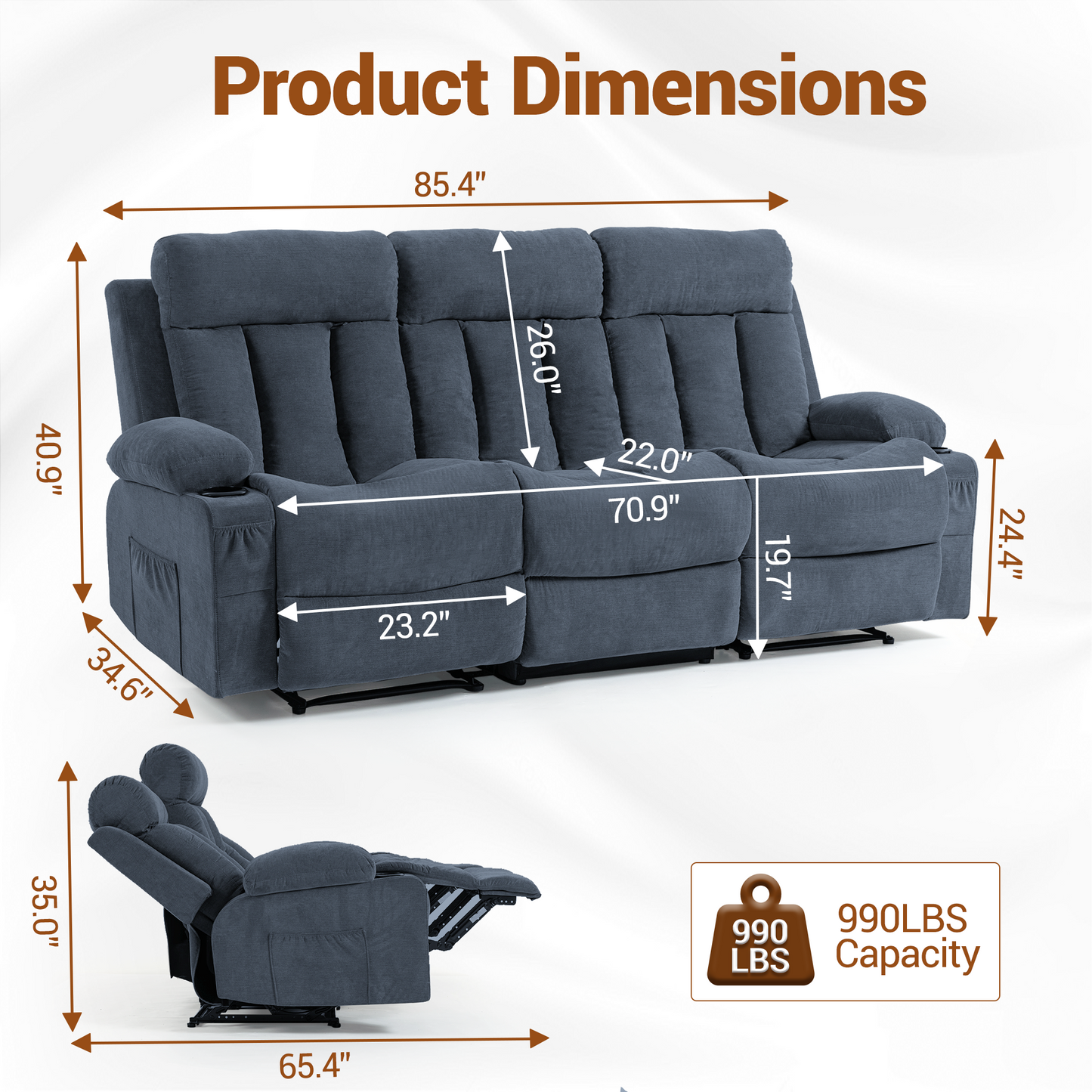 DELMANGO 3-Seater Recliner Sofa Set, Manual Triple Reclining Sofa Couch, 3 Seat Recliner Chair for Living Room, Home Theater & Small Spaces, Blue