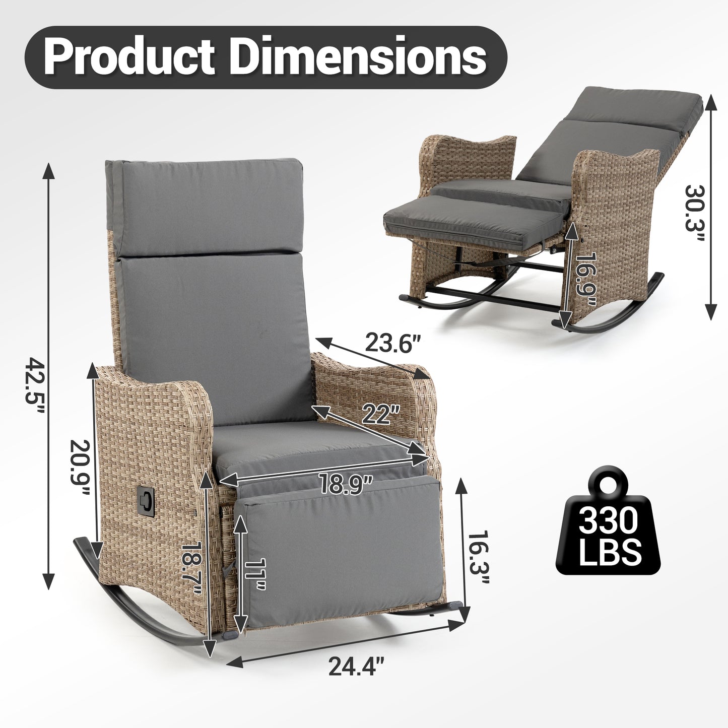 DELMANGO 2-in-1 Outdoor Recliner Chair, Gray – Rocking/Flat Footrest, 90°–135° Reclining Backrest, Rattan Wicker & Removable Cushion for Patio, Garden, Balcony, Porch