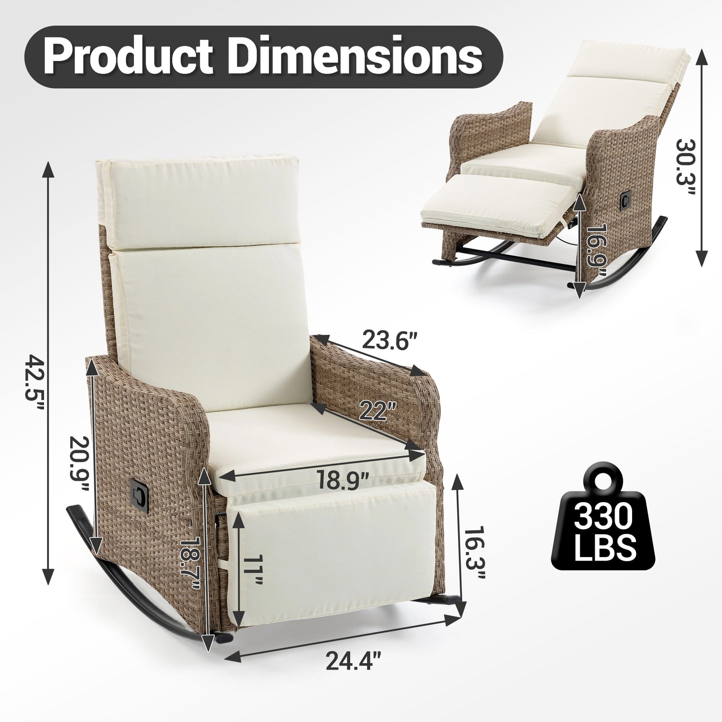 DELMANGO 2-in-1 Outdoor Recliner Chair set of 2, White – Rocking/Flat Footrest, 90°–135° Reclining Backrest, Rattan Wicker & Removable Cushion for Patio, Garden, Balcony, Porch