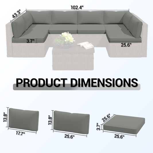DELMANGO Outdoor Replacement Cushions 14-Piece Deep Seat Water-Resistant Patio Furniture Cushions for 6-Seat Sectional Rattan Sets, Grey