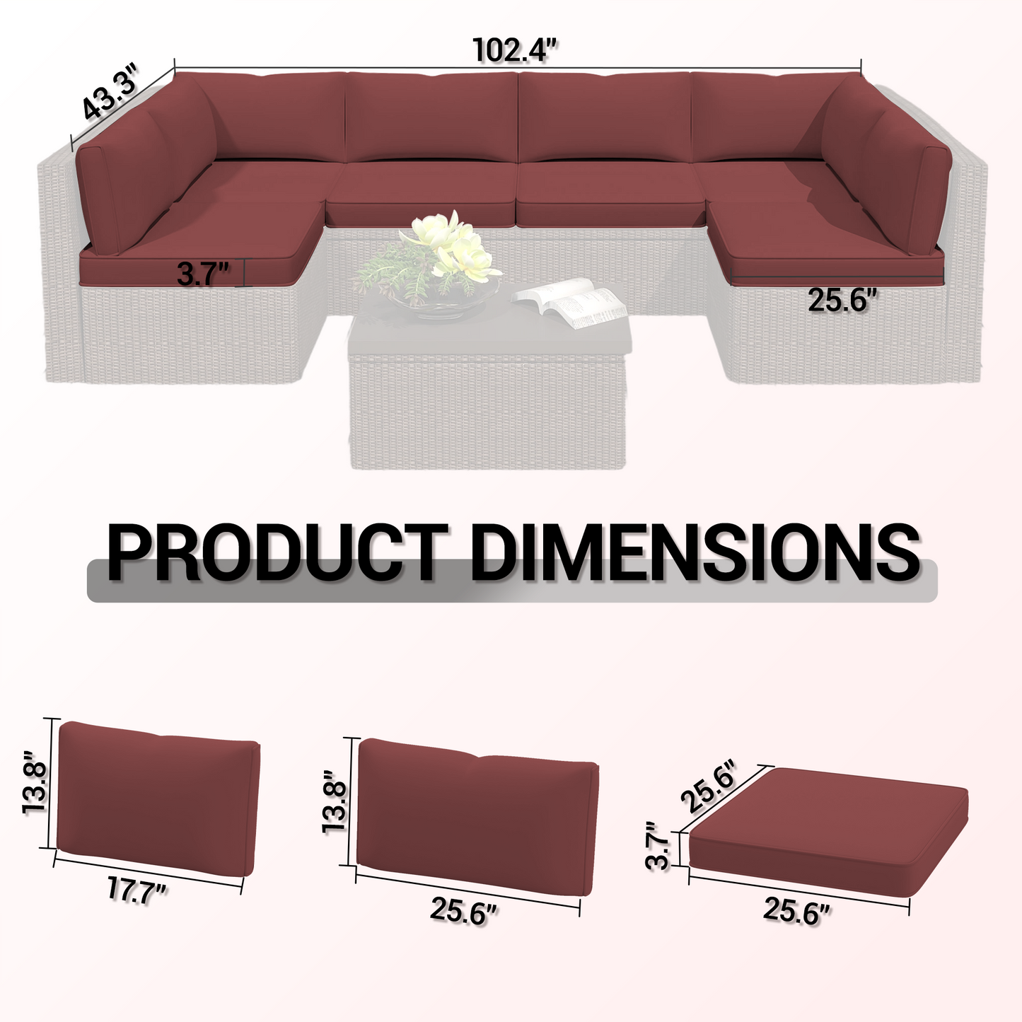 DELMANGO Outdoor Replacement Cushions 14-Piece Deep Seat Water-Resistant Patio Furniture Cushions for 6-Seat Sectional Rattan Sets, Red