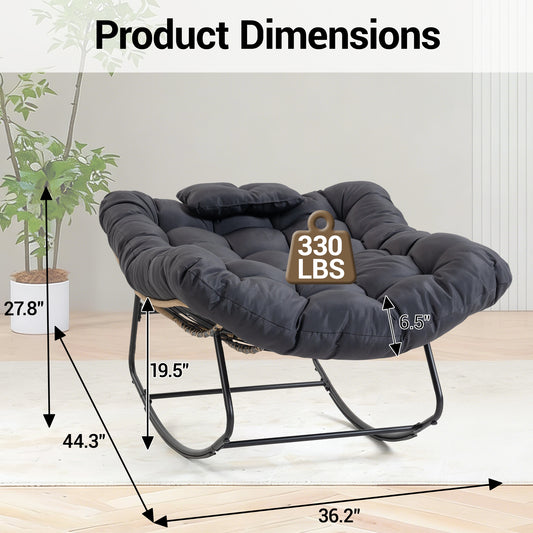 DELMANGO Rocking Egg Chair Outdoor Patio lounger with Thick Cushion Oversized Wicker Rocker Indoor Papasan lawn Chair for Living room Bedroom Porch Balcony Black