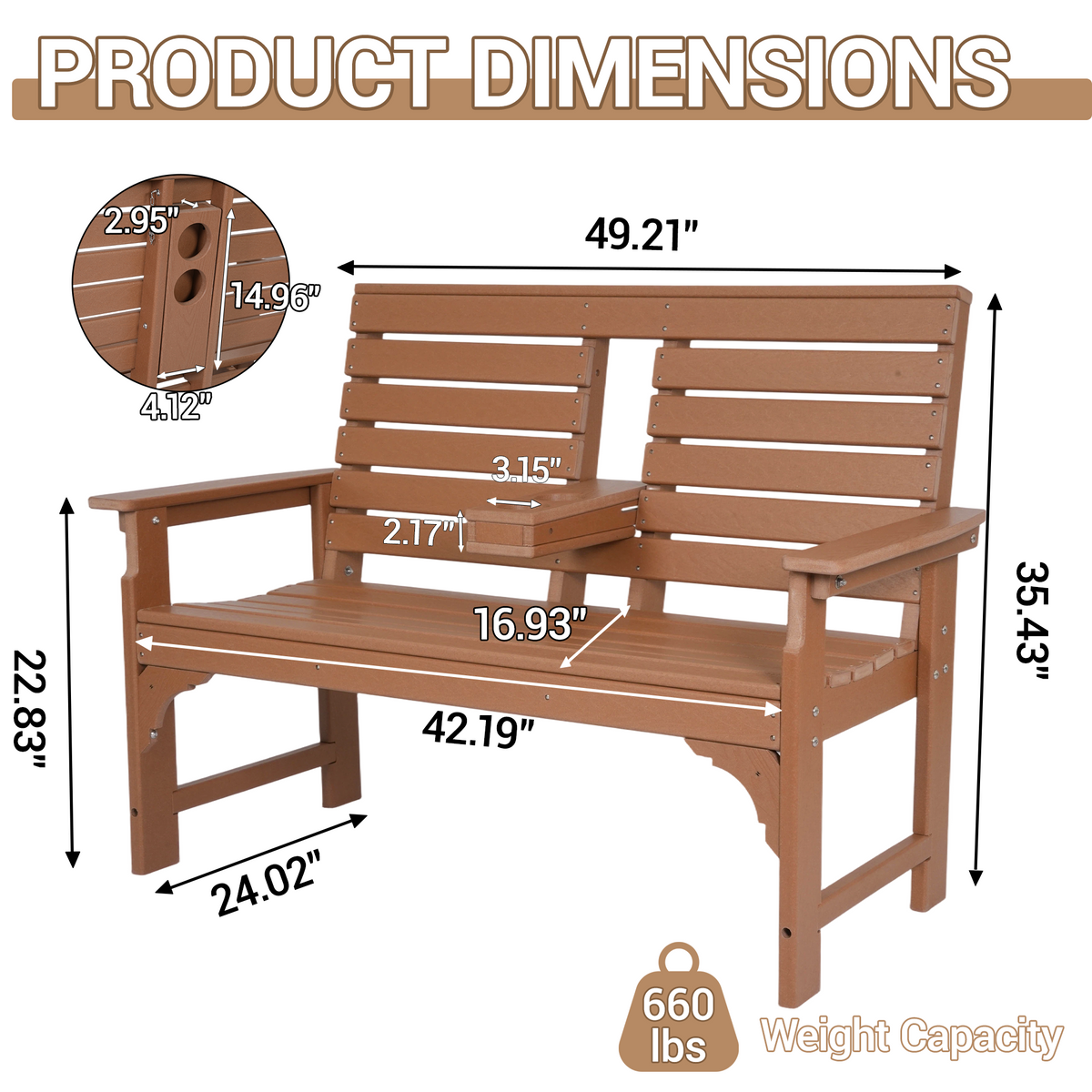 DELMANGO Outdoor Bench with Cup Holders, HDPE 2-Person Weatherproof Patio Benches, Fade/Rot Resistance, Garden Bench for Front Porch Backyard, Brown