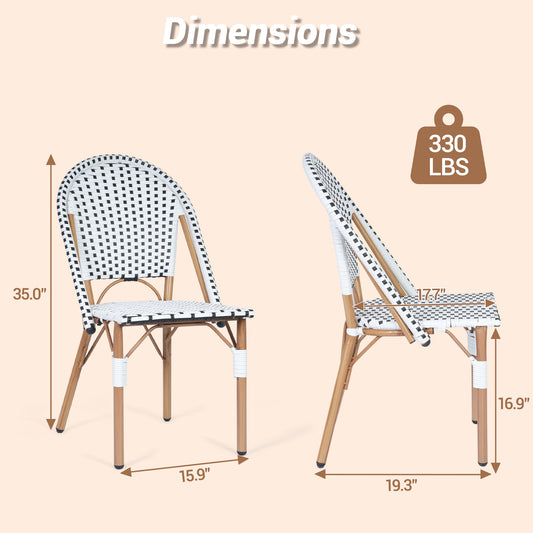 DELMANGO 2-Piece Wicker Outdoor French Bistro Chairs, Armless Dining Chairs with Metal Frame, Stackable Patio Chairs, White/Black