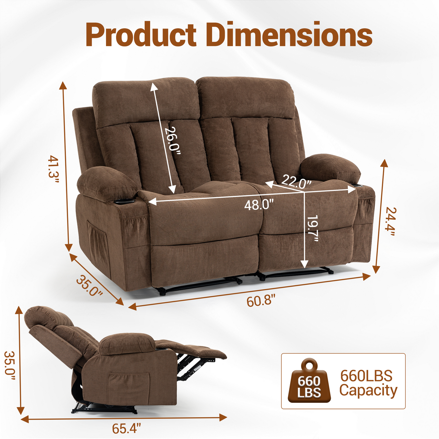 DELMANGO 2-Seater Loveseat Recliner Sofa with Cup Holders, Manual Reclining Dual Seat Couch for Living Room, Home Theater & Small Spaces, Brown