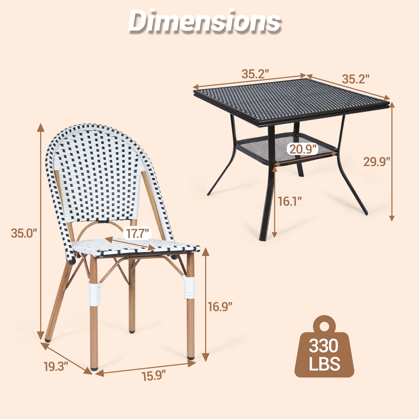 DELMANGO 5 Piece Bistro Table Chair Set, Outdoor Wicker Square Table and 4 Armless Dining Chairs for Garden Balcony Porch, Black/White (Copy)