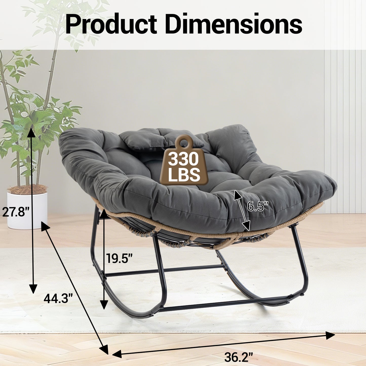 DELMANGO Rocking Egg Chair Outdoor Patio lounger with Thick Cushion Oversized Wicker Rocker Indoor Papasan lawn Chair for Living room Bedroom Porch Balcony Gray