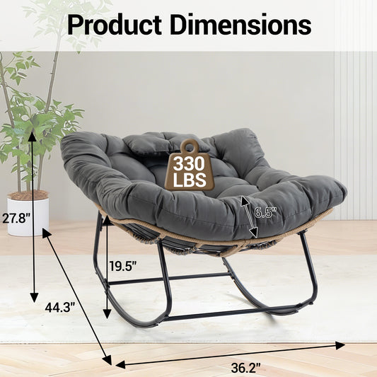 DELMANGO Rocking Egg Chair Outdoor Patio lounger with Thick Cushion Oversized Wicker Rocker Indoor Papasan lawn Chair for Living room Bedroom Porch Balcony Gray