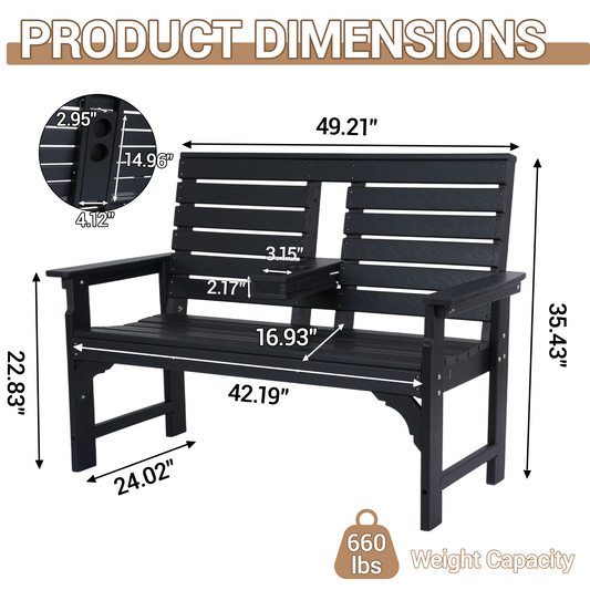 DELMANGO Outdoor Bench with Cup Holders, HDPE 2-Person Weatherproof Patio Benches, Fade/Rot Resistance, Garden Bench for Front Porch Backyard, Black
