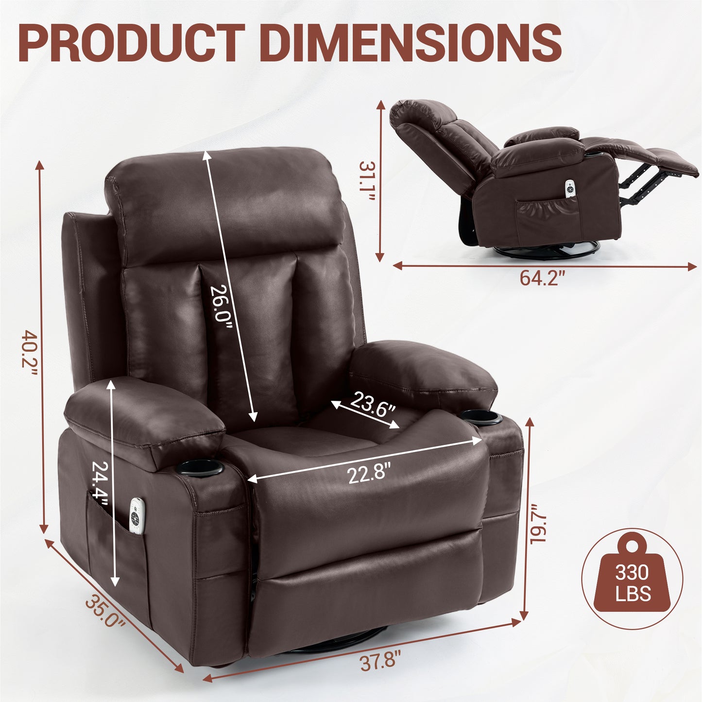 Delmango Power Recliner Chair for Audlts PU Leather Swivel Rocker Recliner Chair Massage Sofa Chair for Living Room Brown