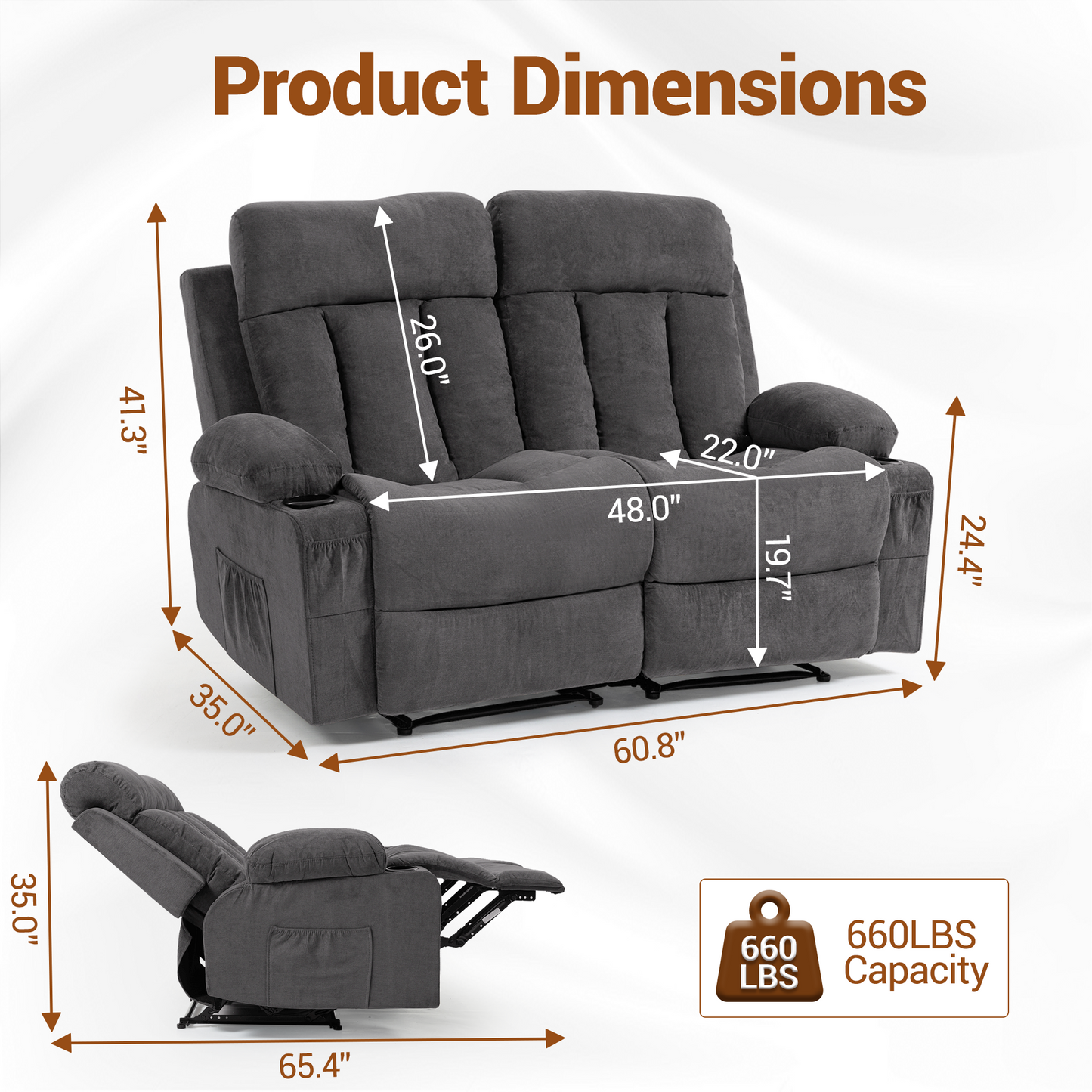 DELMANGO 2-Seater Loveseat Recliner Sofa with Cup Holders, Manual Reclining Dual Seat Couch for Living Room, Home Theater & Small Spaces, Grey