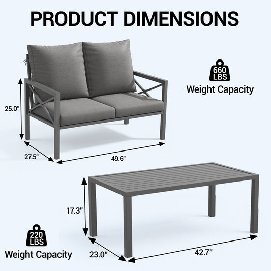 DELMANGO 2 Pieces Patio Furniture Set, Cushioned Loveseat 2 Seats Sofa Bench with Metal Coffee Table, Grey