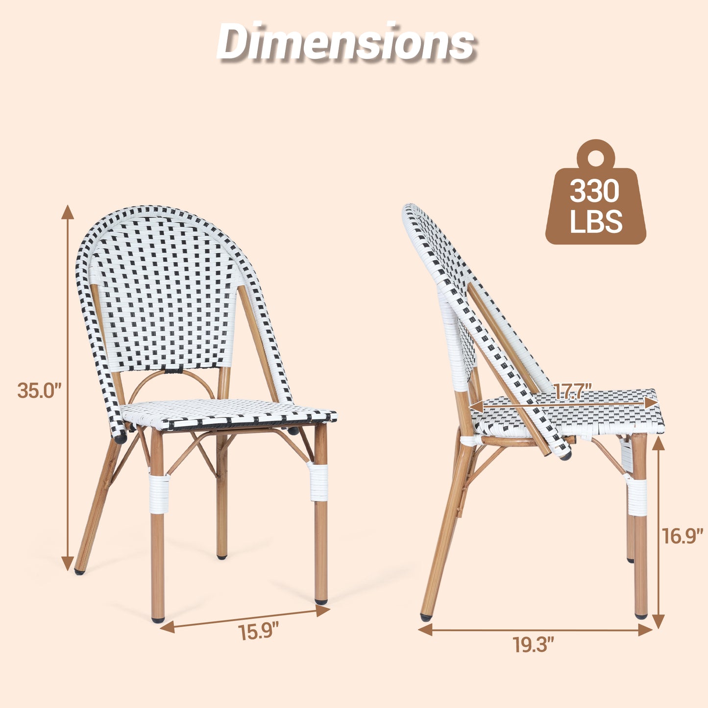 DELMANGO 4-Piece Wicker Outdoor French Bistro Chairs, Armless Dining Chairs with Metal Frame, Stackable Patio Chairs, White/Black