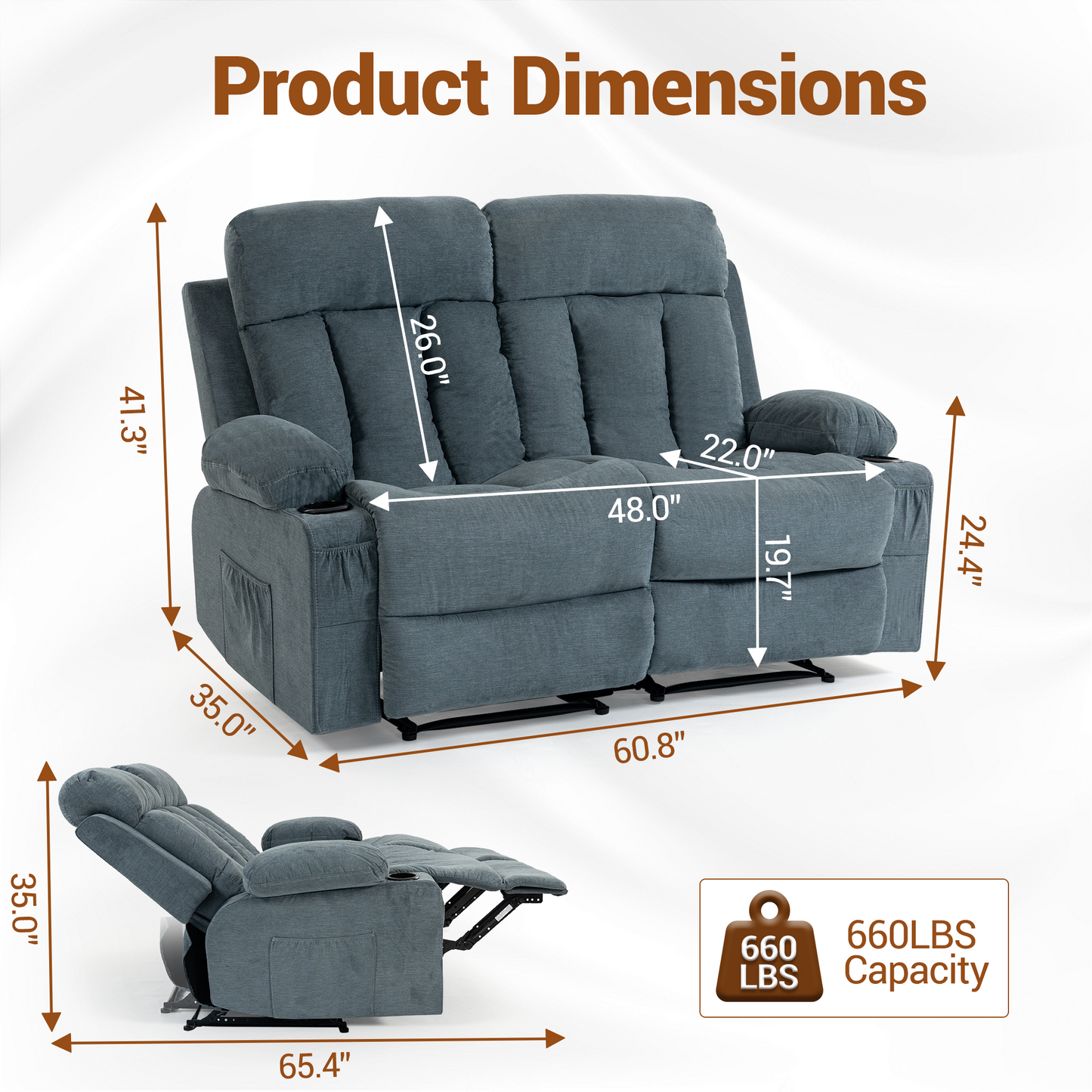 DELMANGO 2-Seater Loveseat Recliner Sofa with Cup Holders, Manual Reclining Dual Seat Couch for Living Room, Home Theater & Small Spaces, Blue