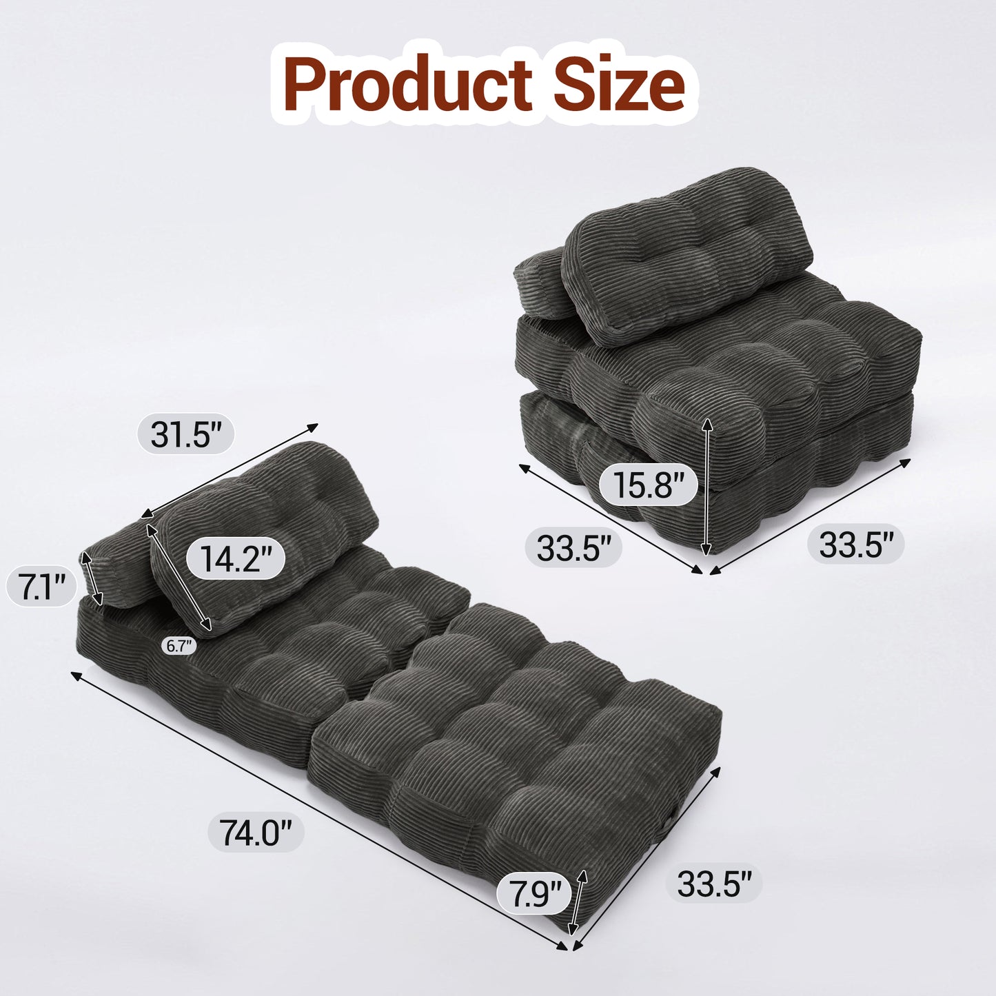 Delmango Folding Sofa Bed Convertible Futon Couch with Pillow for Adults and Kids Gray