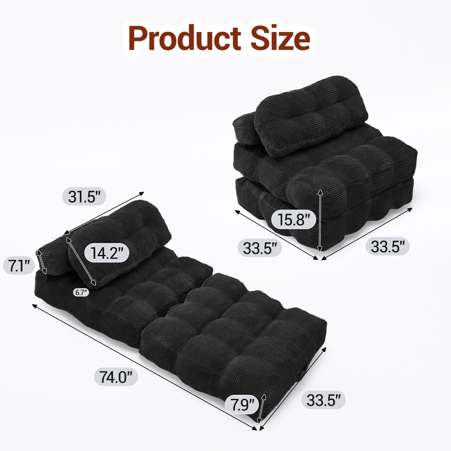 Delmango Folding Sofa Bed Convertible Futon Couch with Pillow for Adults and Kids BLACK