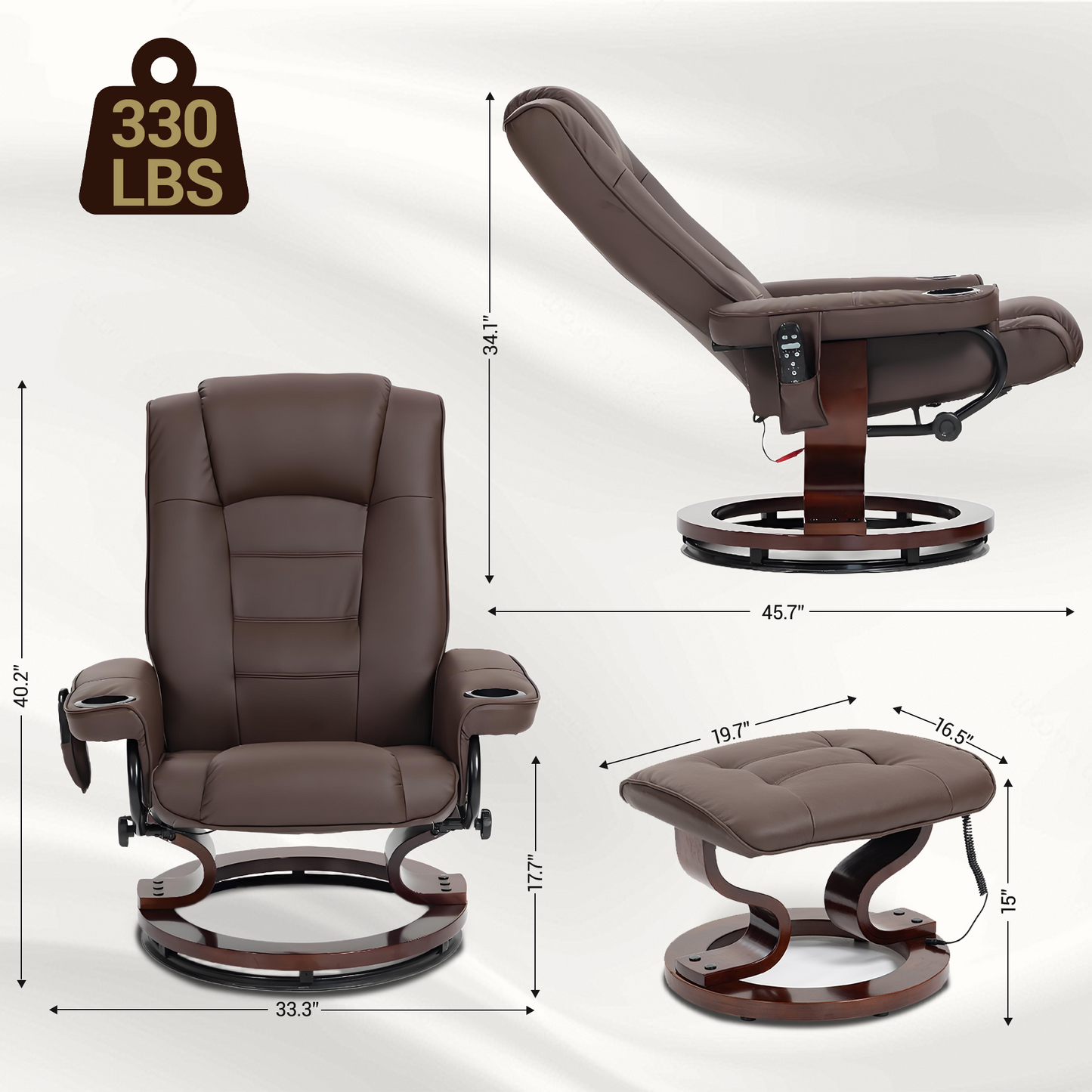 DELMANGO Swivel Massage Recliner with Ottoman, Adjustable Recline Wood Base Faux Leather Lounge Chair, Footrest Accent Chair for Living Room & Bedroom, Brown