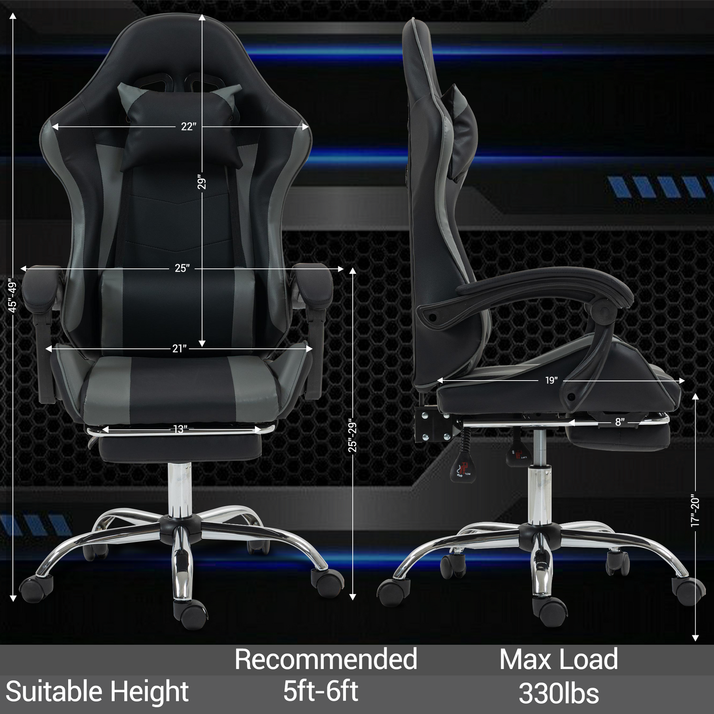 DELMANGO Ergonomic Video Game Chair with Massage Lumbar Support, Adjustable Headrest & Footrest, 90-135¡ã Recline & 360¡ã Swivel, Grey