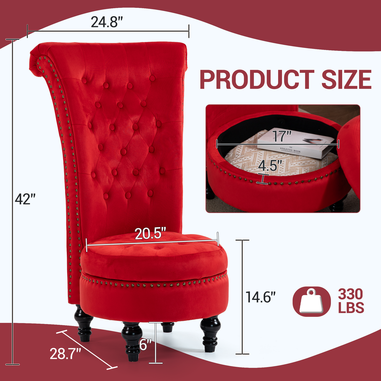 DELMANGO Velvet Throne Chair with Storage, Armless High-Back Accent Chair with Nailhead Trim & Solid Rubberwood Legs, for Living Room and Bedroom, Red