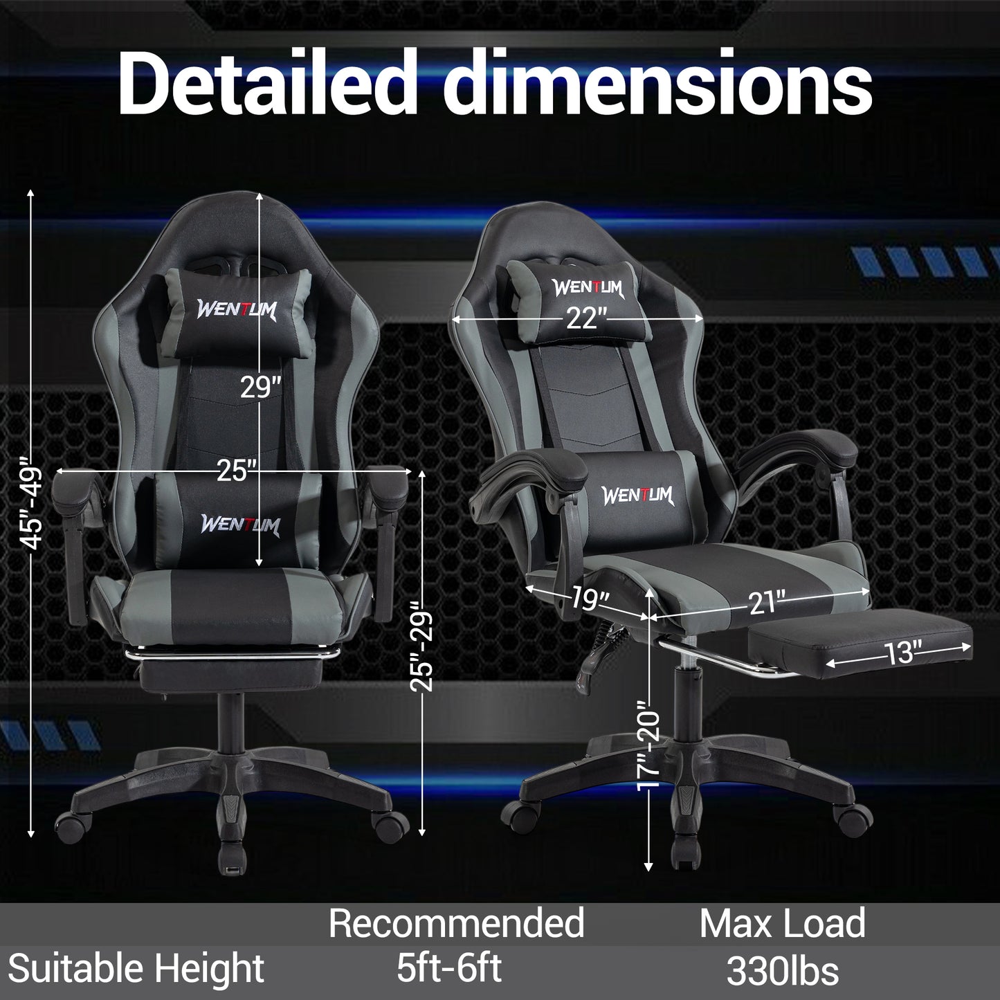 DELMANGO Gaming Chair Ergonomic Office Chair with Adjustable Headrest & Footrest, 90-135¡ã Recline, 360¡ã Swivel,Black/Grey