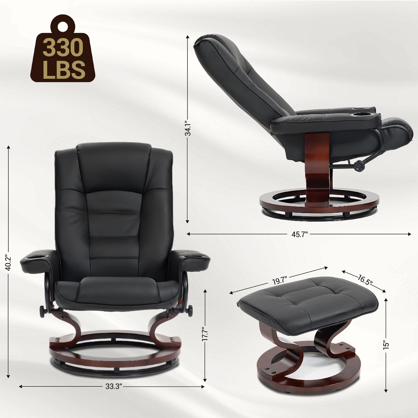 DELMANGO Swivel Recliner Chair with Ottoman, Wood Base Faux Leather Lounge Chair with Footrest, Accent Chair for Living Room & Bedroom, Black
