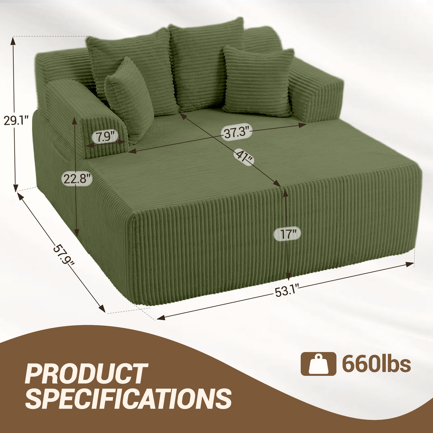DELMANGO 58" Corduroy Chaise Lounge Chair, Oversized Boneless Sleeper Sofa with Armrests & 4 Pillows, No Assembly, for Living Room, Green