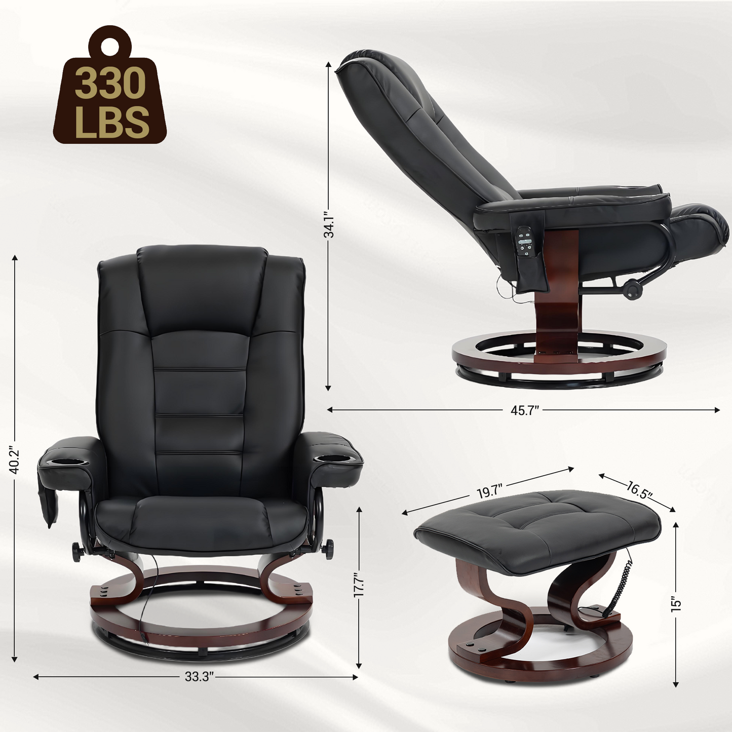DELMANGO Swivel Massage Recliner with Ottoman, Adjustable Recline Wood Base Faux Leather Lounge Chair, Footrest Accent Chair for Living Room & Bedroom, Black
