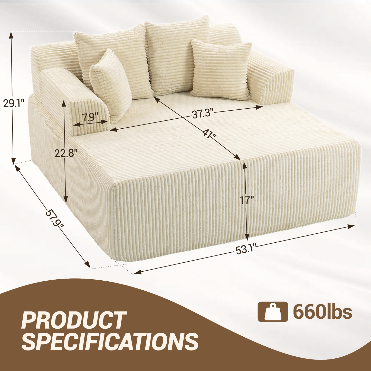 DELMANGO 58" Corduroy Chaise Lounge Chair, Oversized Boneless Sleeper Sofa with Armrests & 4 Pillows, No Assembly, for Living Room, Beige