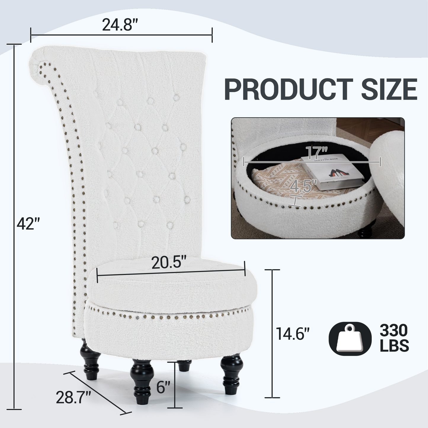 DELMANGO Teddy Throne Chair with Storage, Armless High-Back Accent Chair with Nailhead Trim & Solid Rubberwood Legs, for Living Room and Bedroom, White